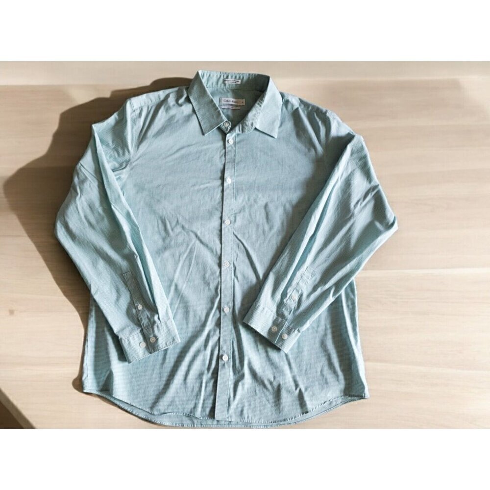 Calvin Klein Shirt Mens‎ Size XL Teal white checkered non-iron Long sleeve